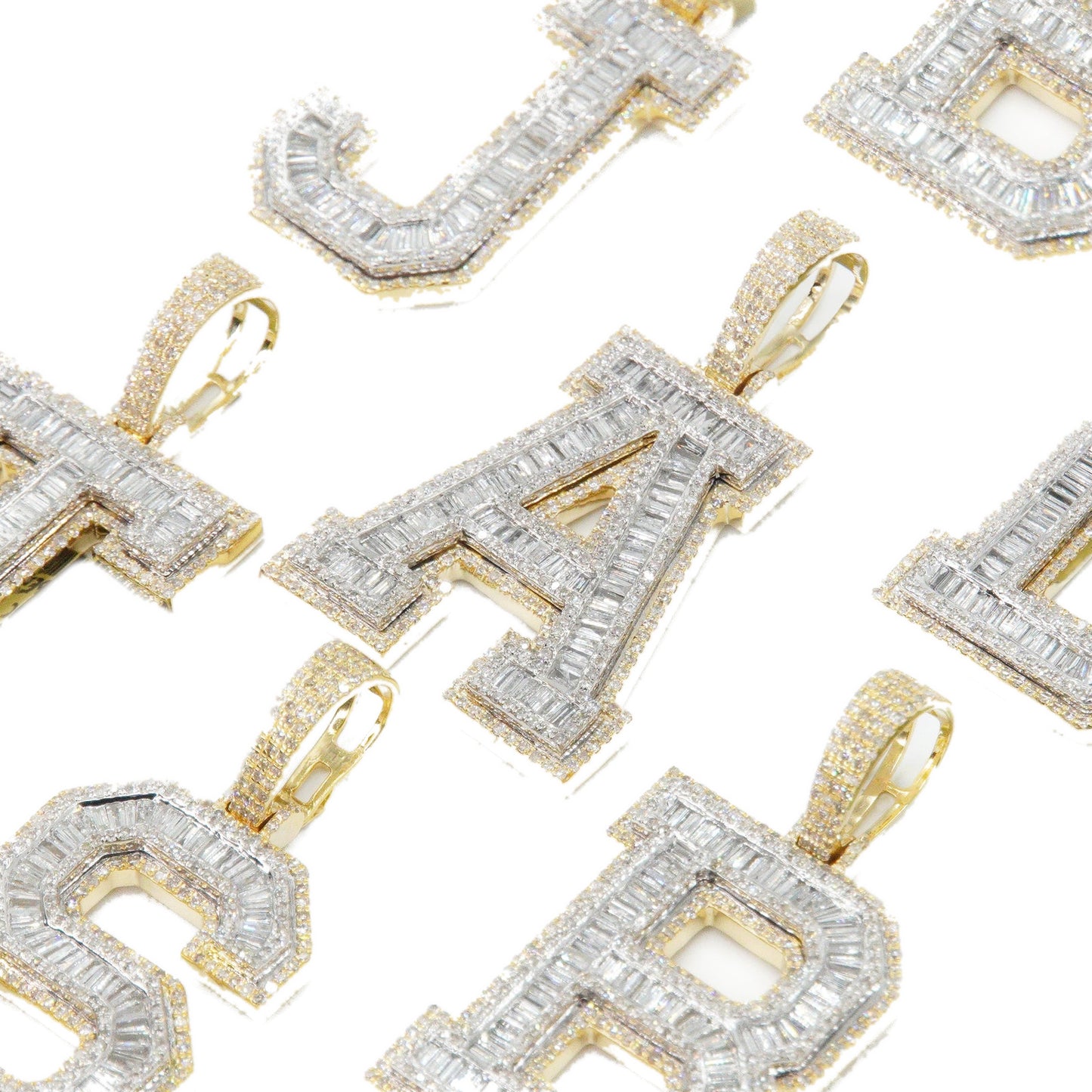 10k Solid Gold Baguette Lab Diamond 3D Initial Pendants