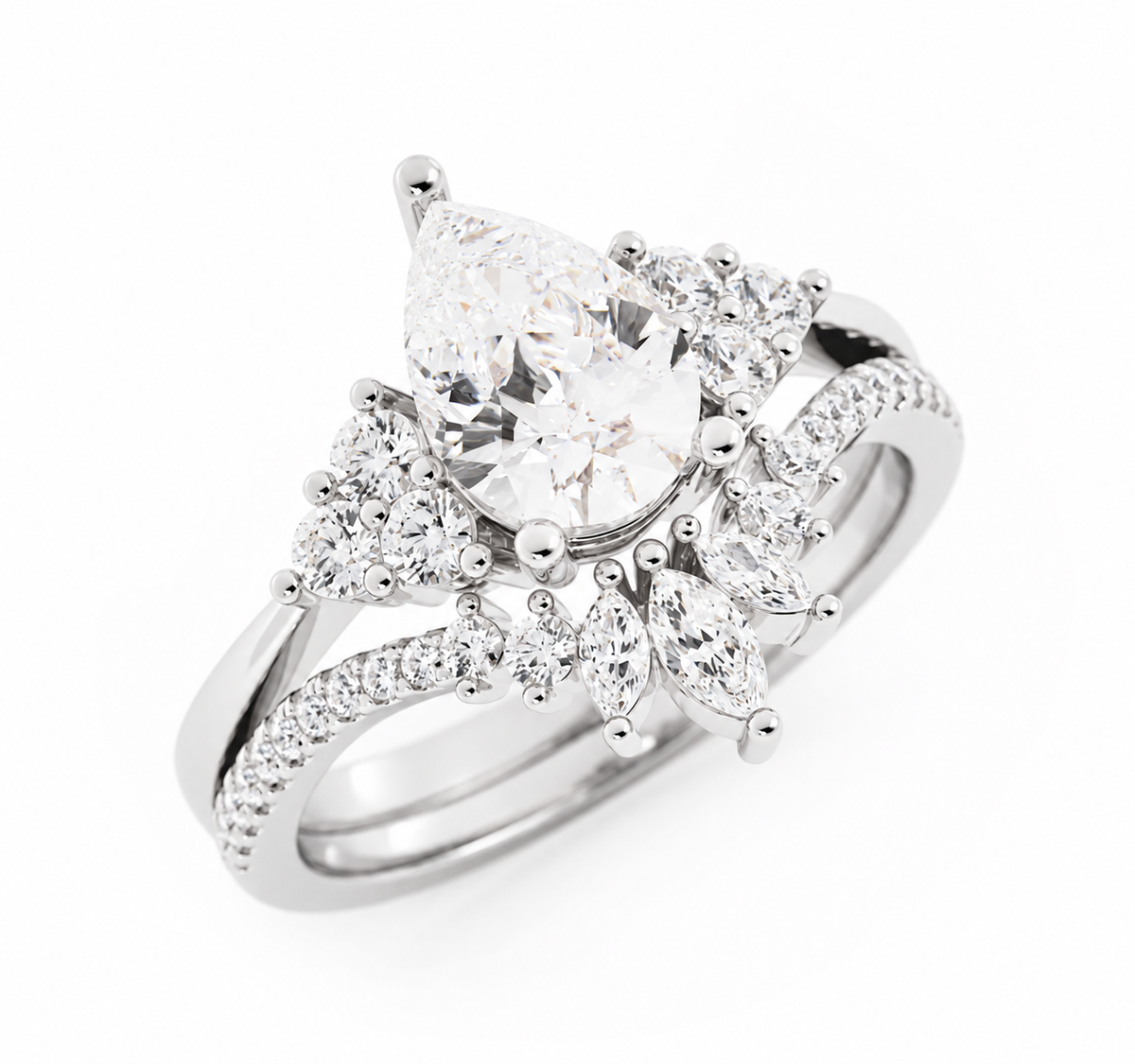 Pear Cut Diamond Crown Engagement Ring 14k White Gold