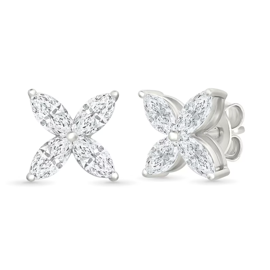 Marquise Cut Diamond Floral Stud Earrings 14k White Gold