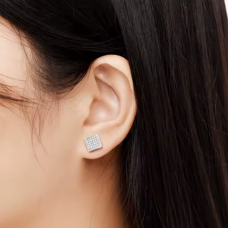 Moissanite Earrings Square Pavé Studs