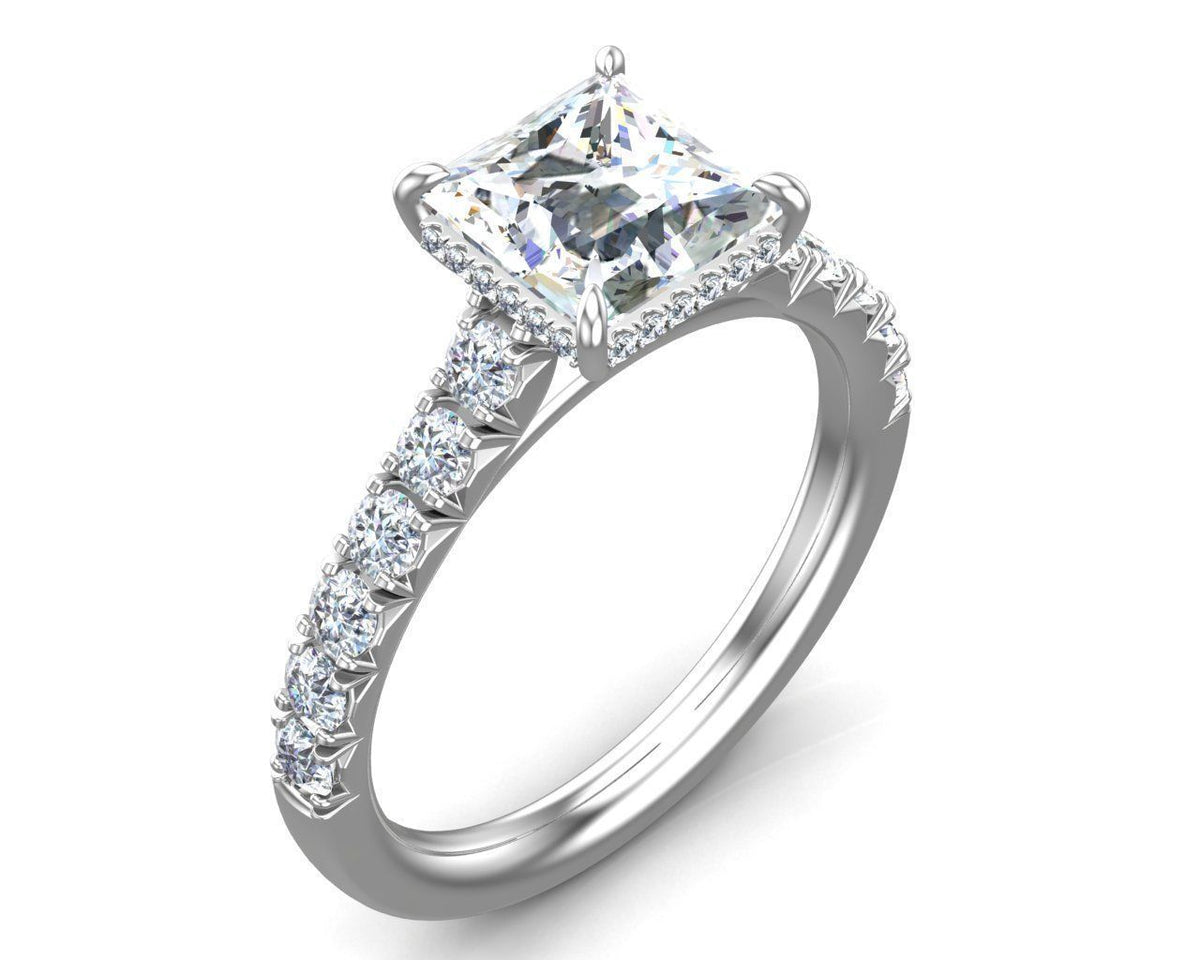 Princess Cut French Pave Engagement Ring 14k White Gold