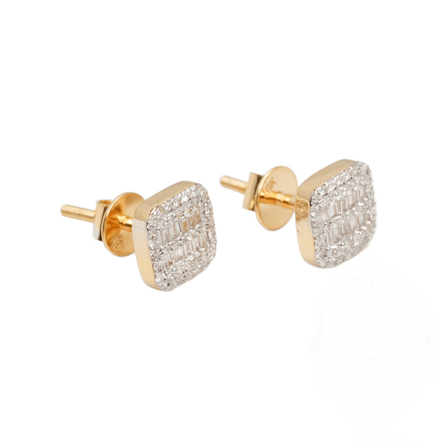 10k Two-Tone Gold Lab Diamond Square Screw-Back Stud Earrings – Round & Baguette 0.30CT & 0.22CT VVS