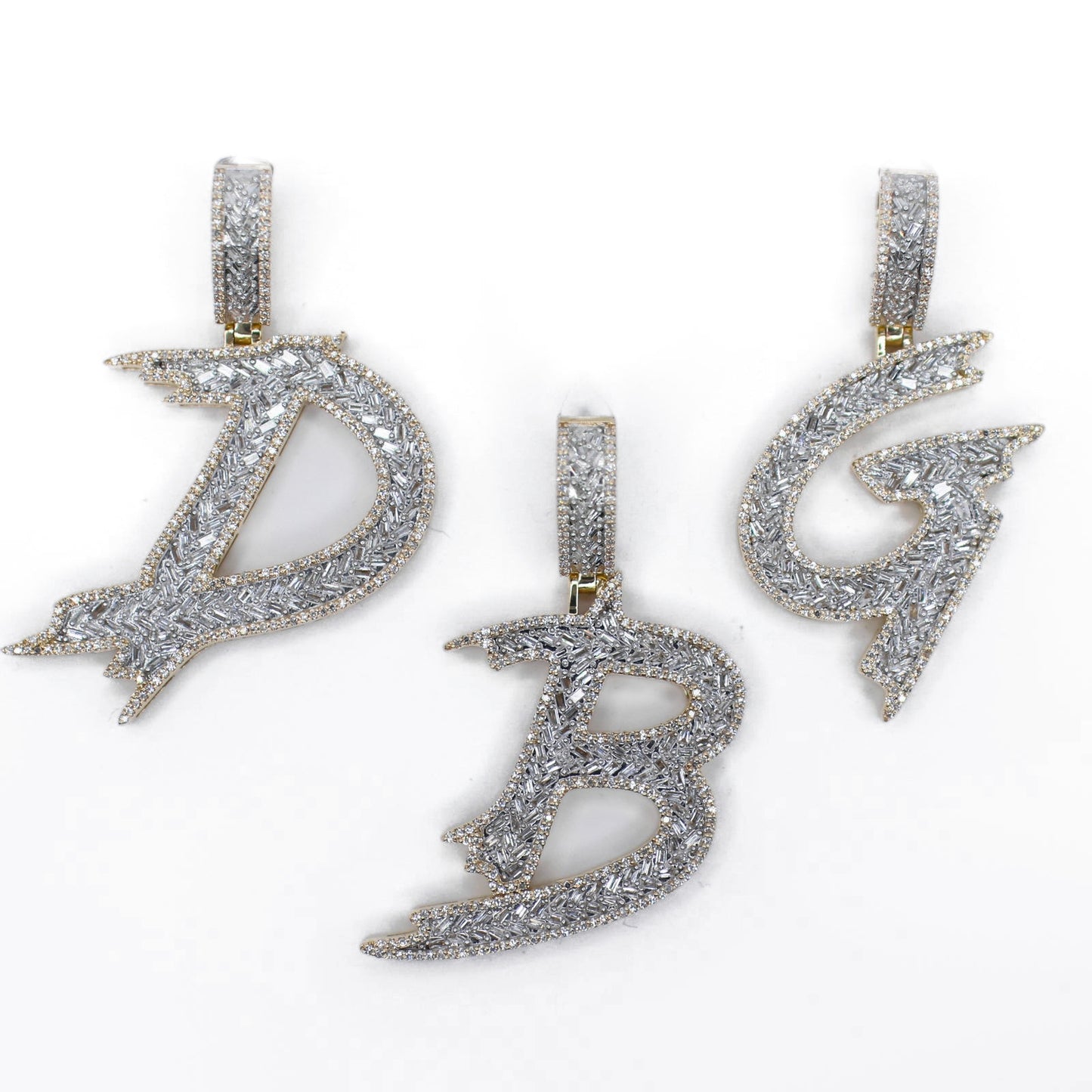 10k Gold Baguette Lab Diamond 3D Brush Initial Pendants