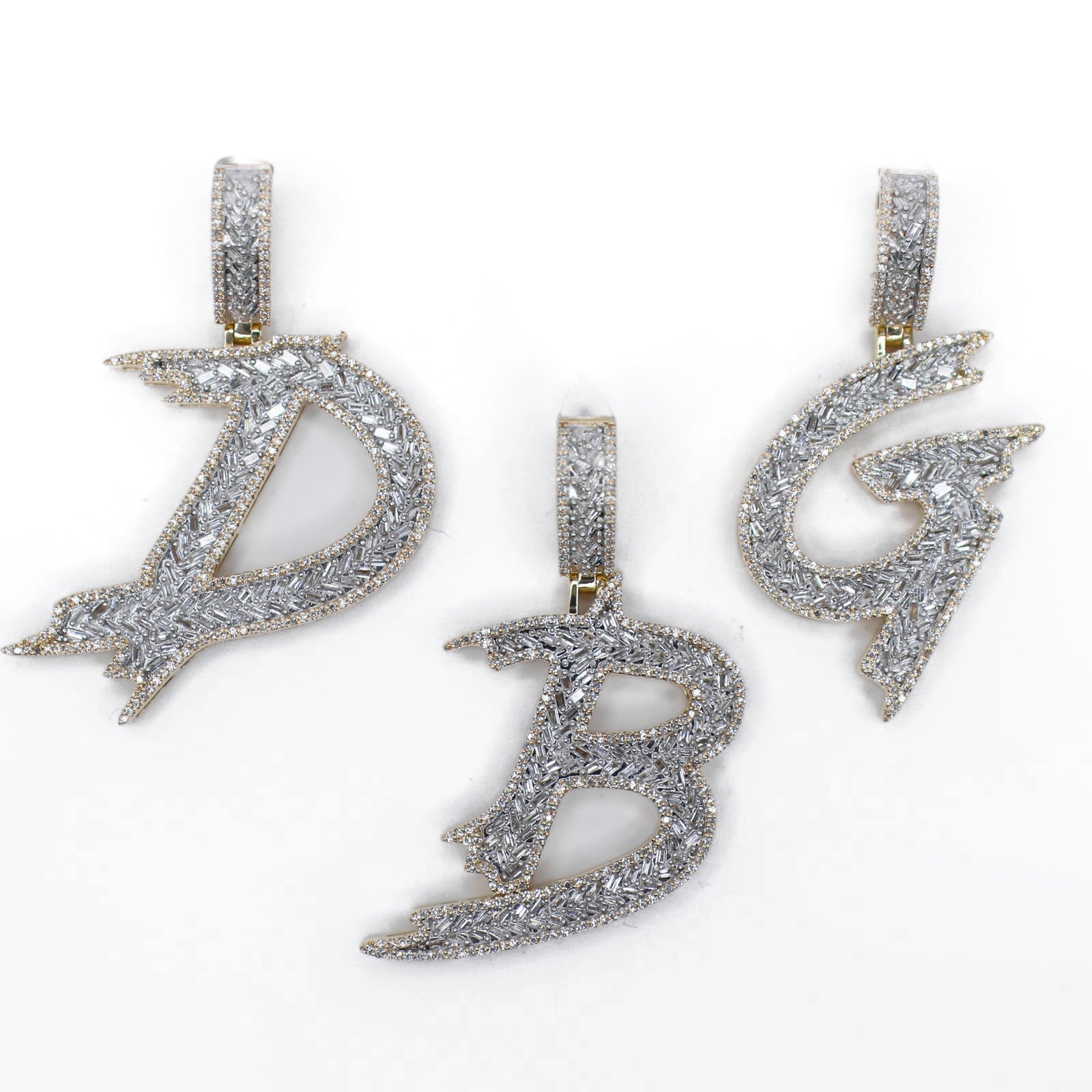 10k Gold Baguette Lab Diamond 3D Brush Initial Pendants