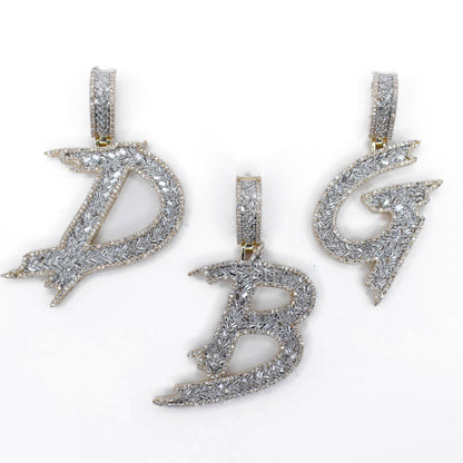 10k Gold Baguette Lab Diamond 3D Brush Initial Pendants