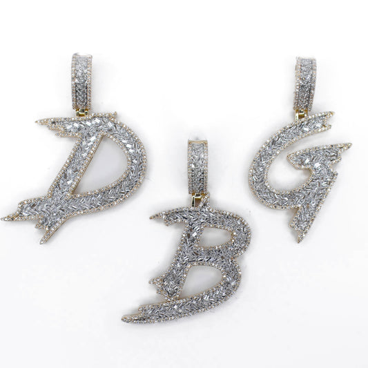 10k Gold Baguette Lab Diamond 3D Brush Initial Pendants