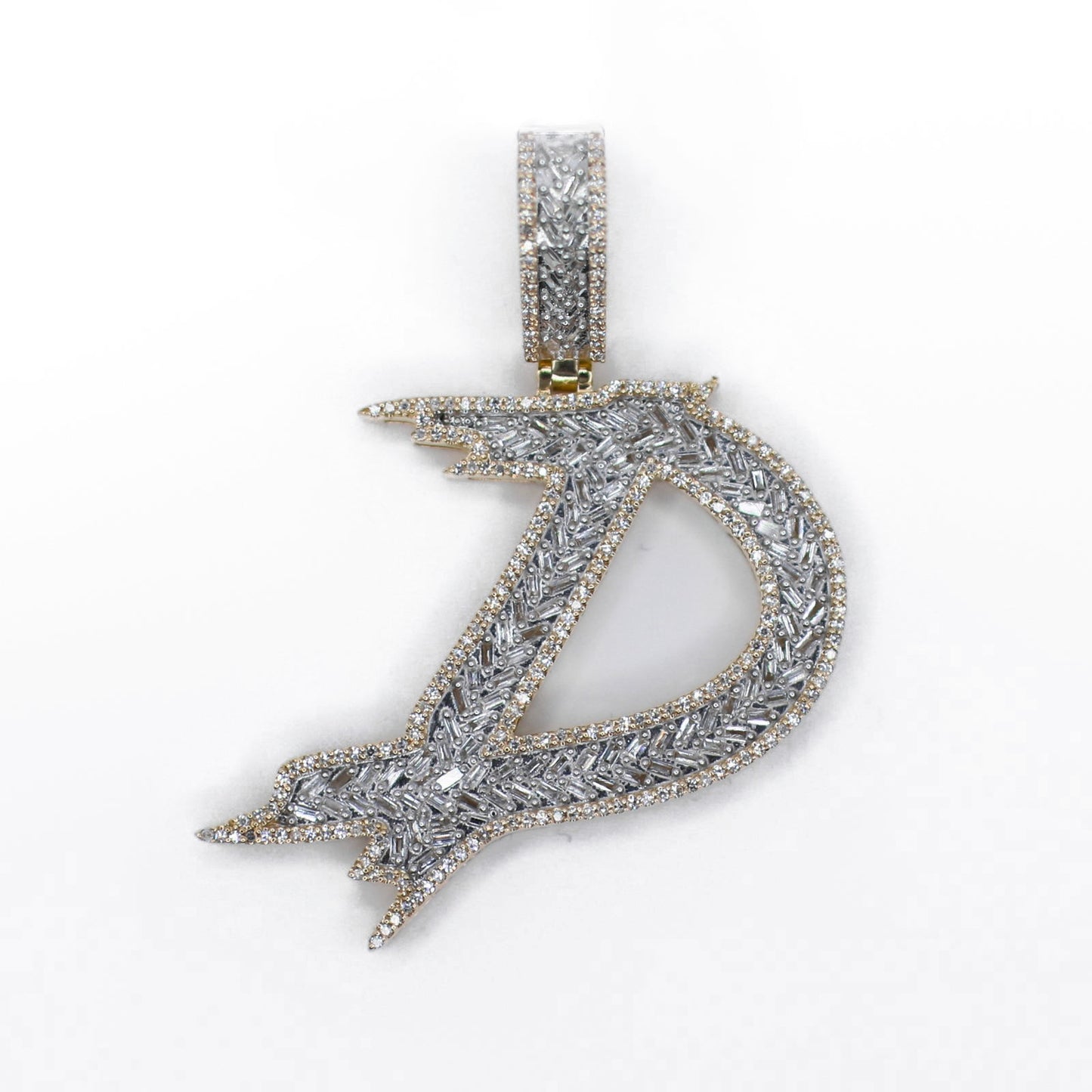 10k Gold Baguette Lab Diamond 3D Brush Initial Pendants