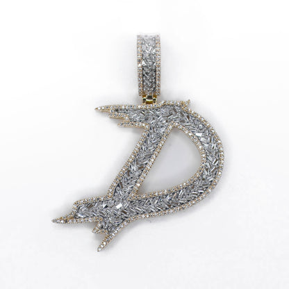 10k Gold Baguette Lab Diamond 3D Brush Initial Pendants