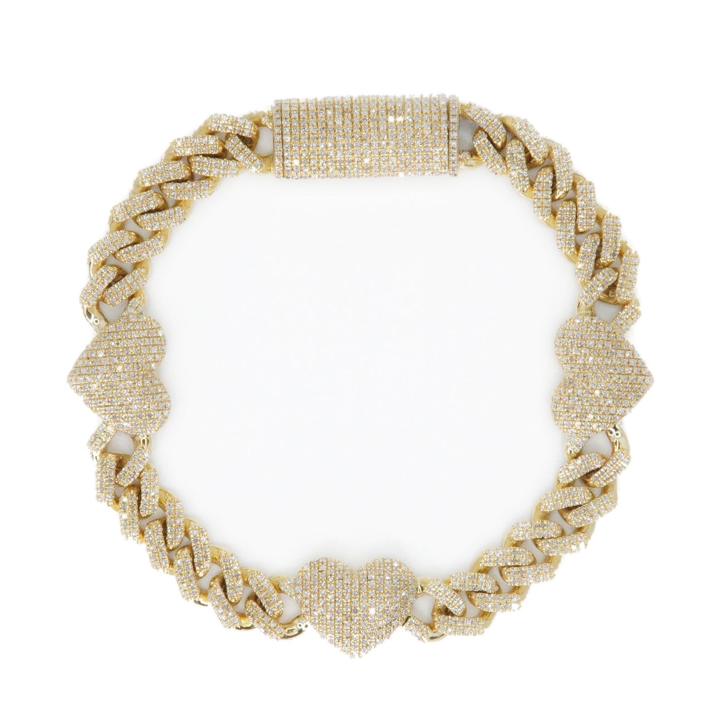 10k Solid Gold 11.5mm XL Lab Diamond Cuban with Hearts Bracelet