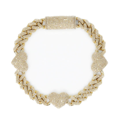 10k Solid Gold 11.5mm XL Lab Diamond Cuban with Hearts Bracelet