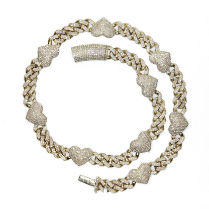 10k Solid Gold 7.75" Lab Diamond Cuban with Hearts Choker Chain