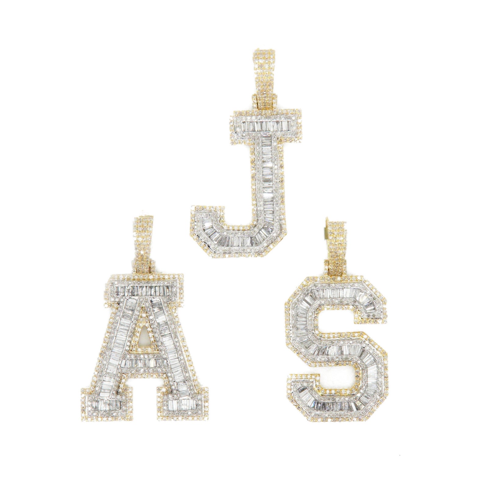 10k Solid Gold Baguette Lab Diamond 3D Initial Pendants