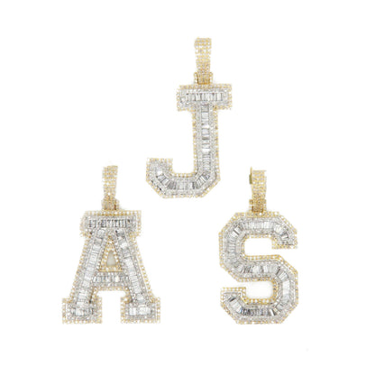 10k Solid Gold Baguette Lab Diamond 3D Initial Pendants