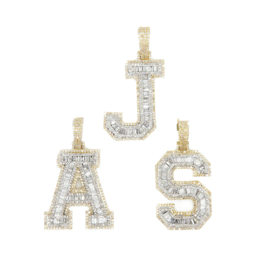 10k Solid Gold Baguette Lab Diamond 3D Initial Pendants