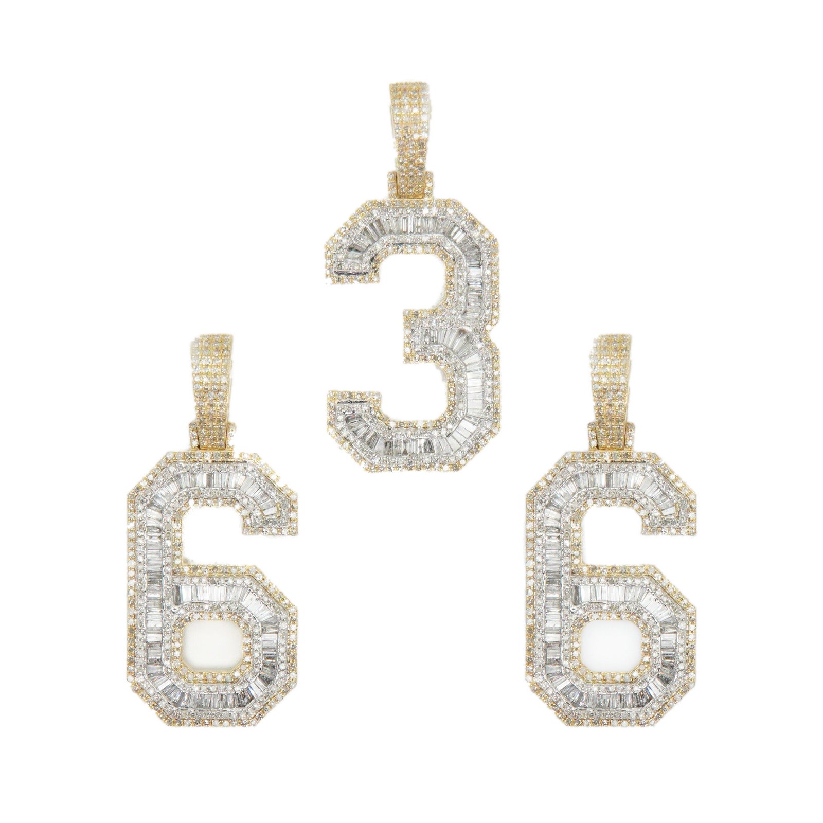 10k Solid Gold Baguette Lab Diamond 3D Number Pendants