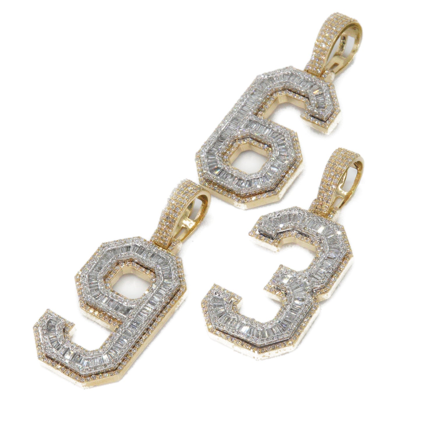 10k Solid Gold Baguette Lab Diamond 3D Number Pendants
