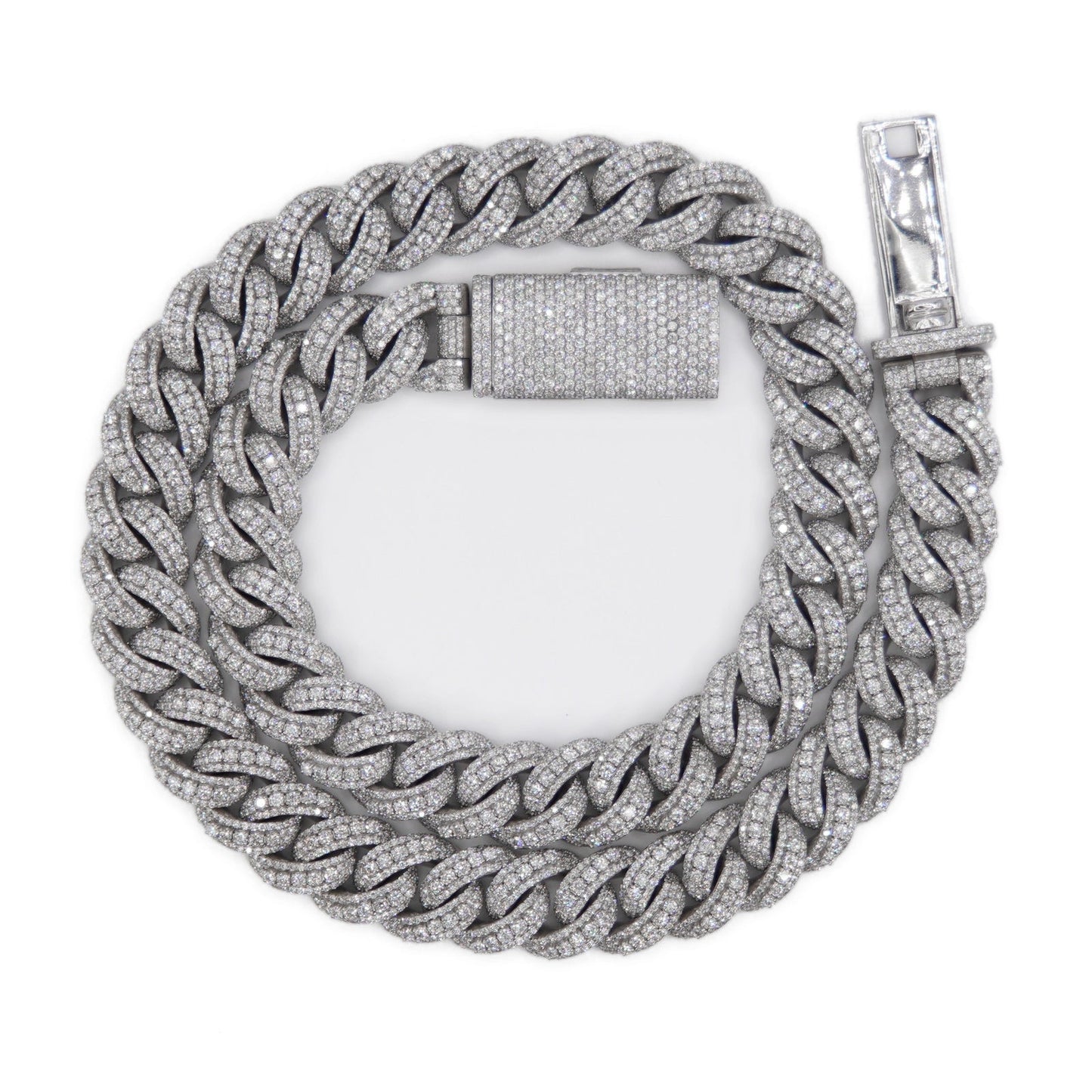 10k Solid White Gold 15mm Lab Diamond Center Pointer Miami Cuban Chain