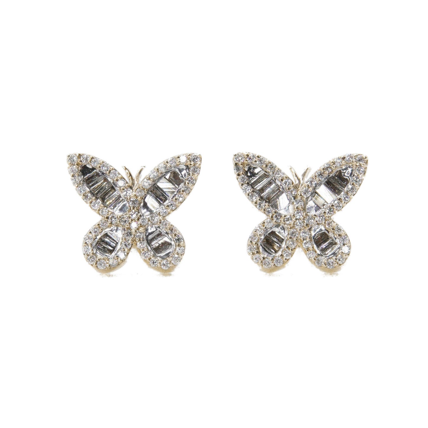 14k Solid Gold 10mm Lab Baguette Diamond Butterfly Earrings