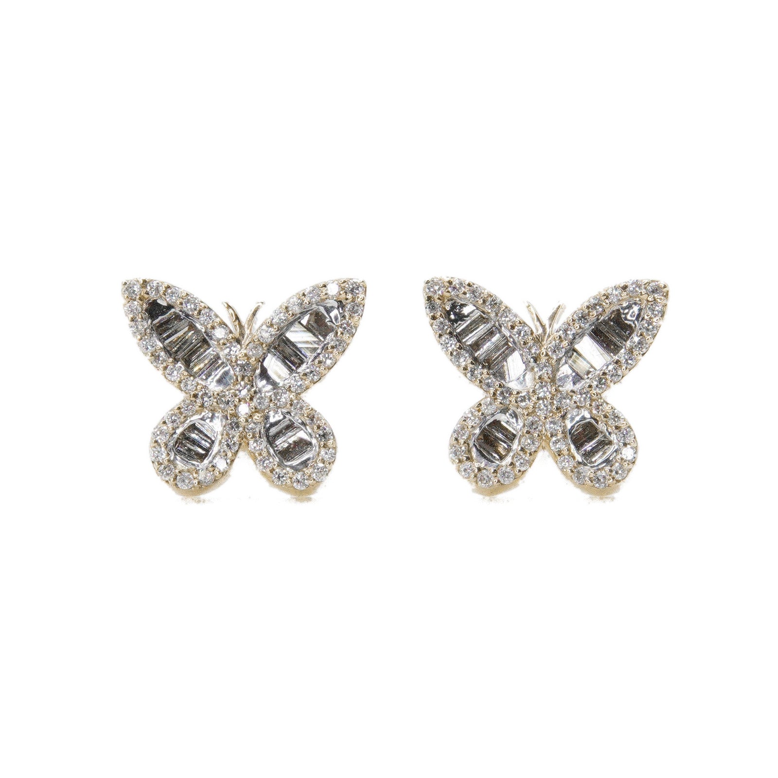 14k Solid Gold 10mm Lab Baguette Diamond Butterfly Earrings