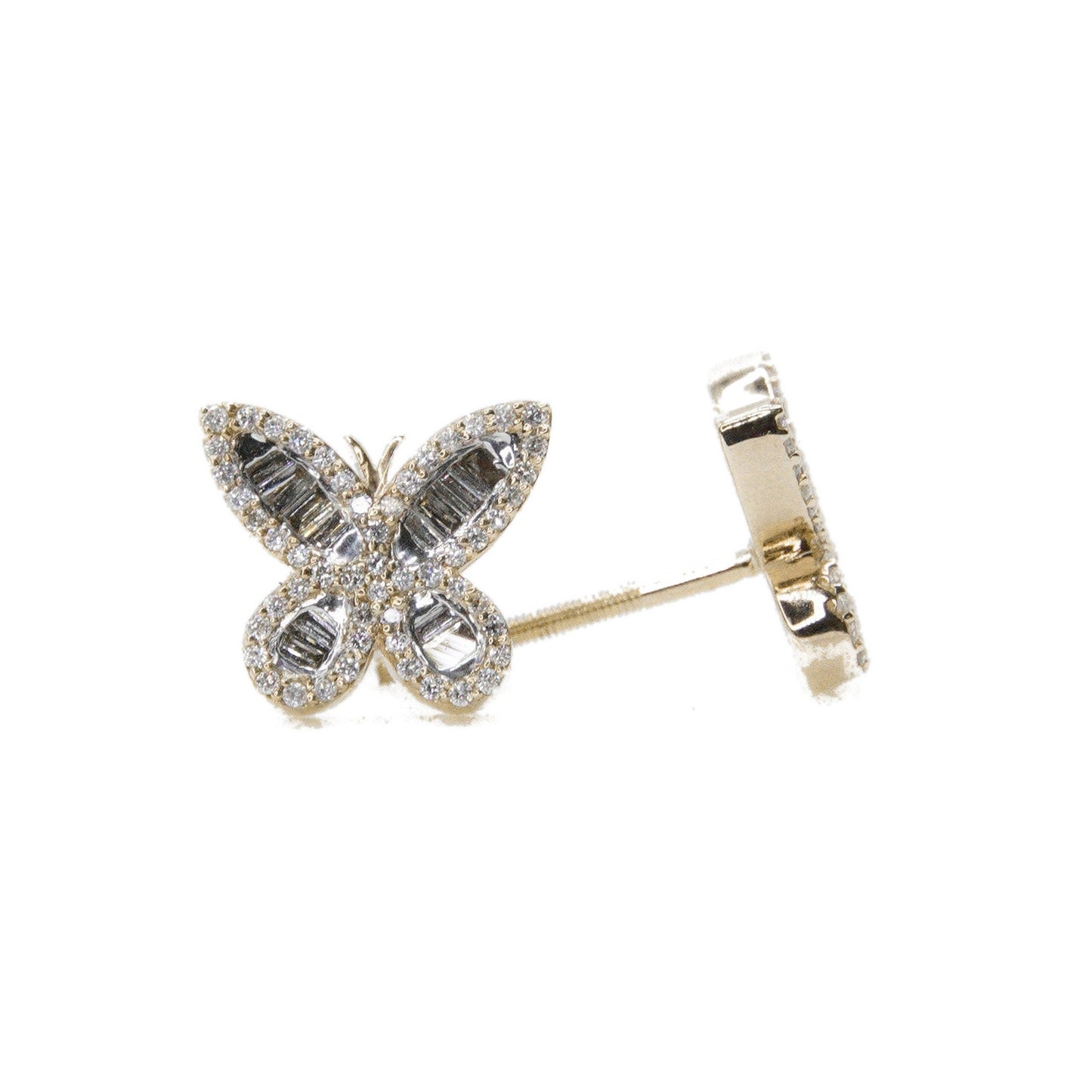 14k Solid Gold 10mm Lab Baguette Diamond Butterfly Earrings