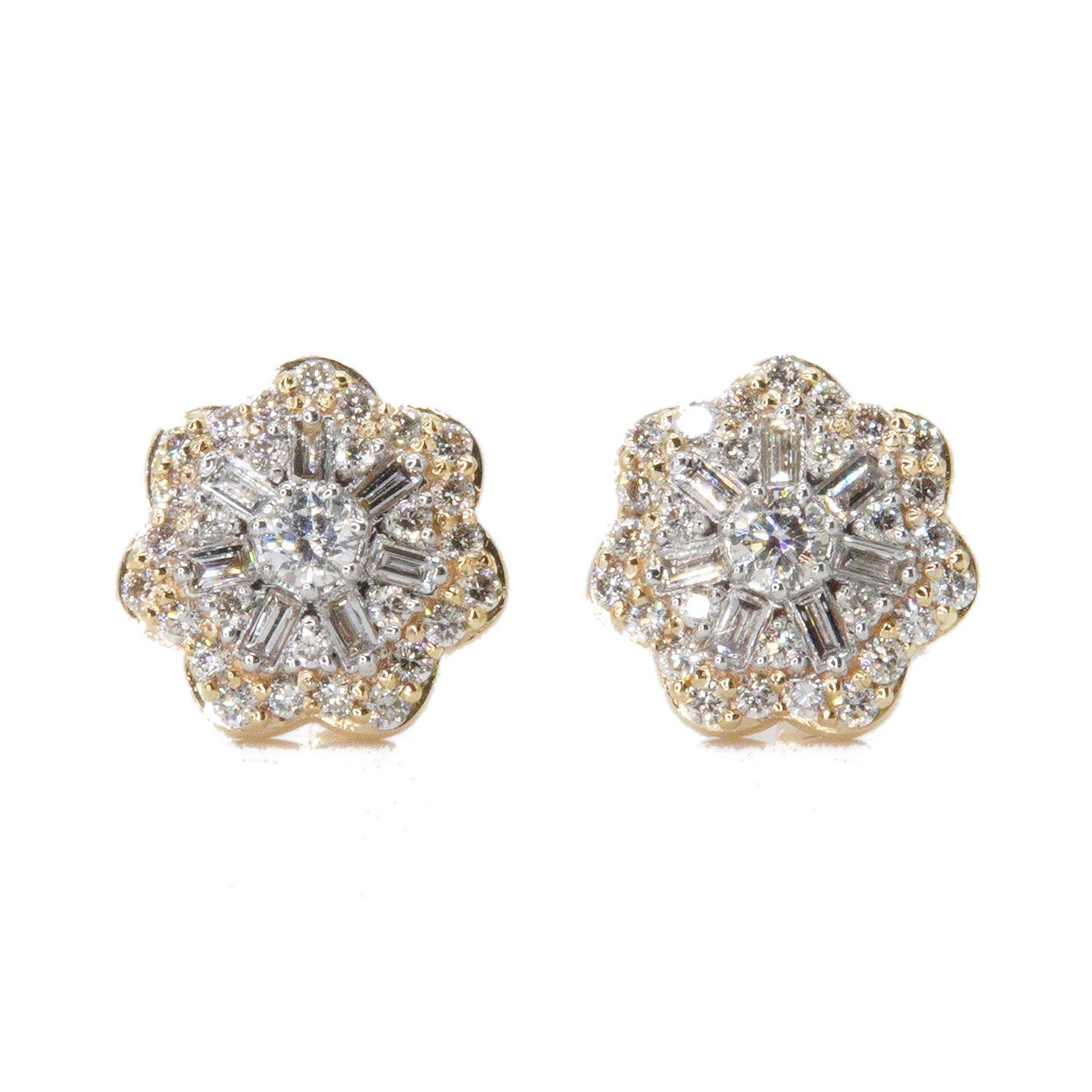 14k Solid Gold 9mm Lab Diamond Baguette Snowflake Earrings