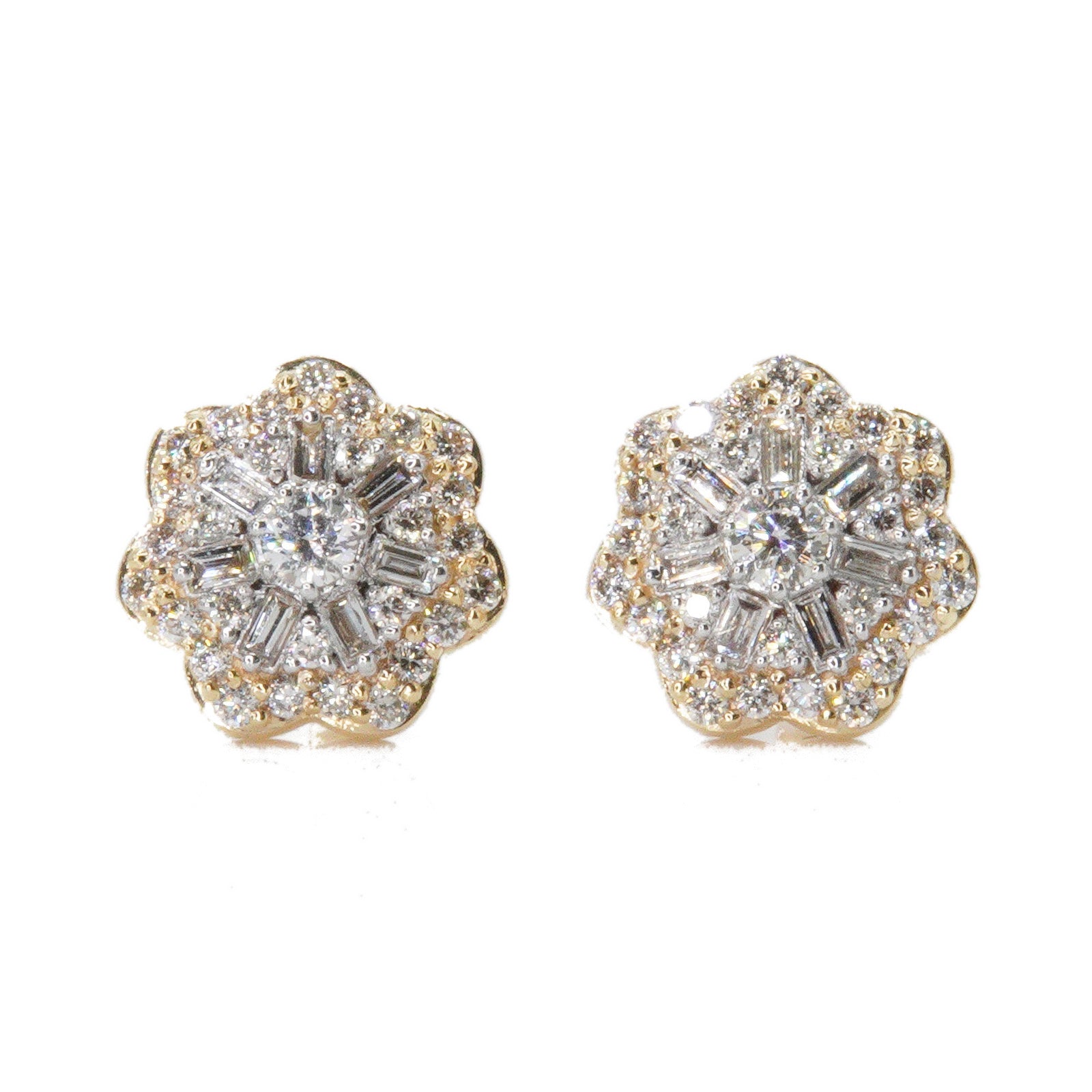 14k Solid Gold 9mm Lab Diamond Baguette Snowflake Earrings