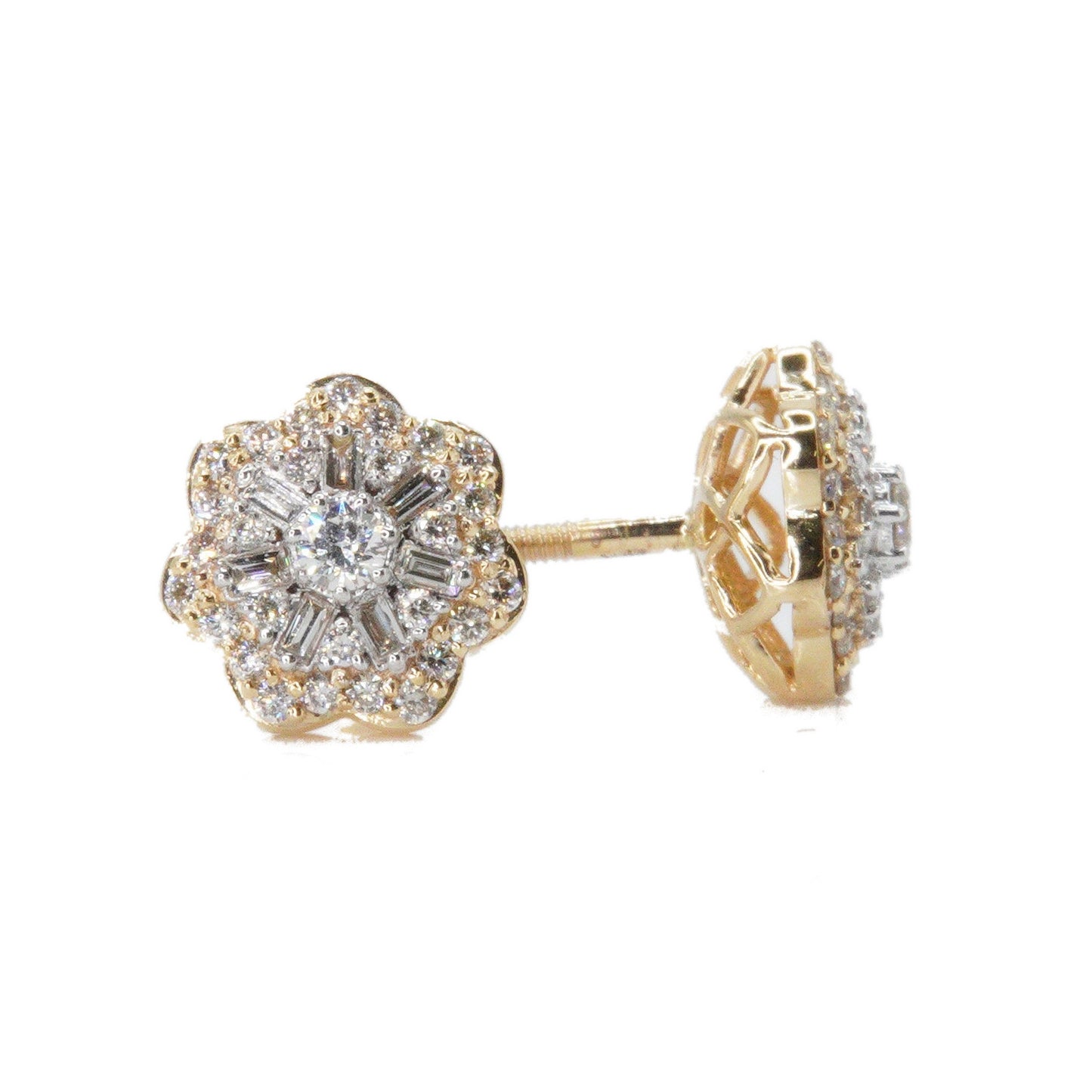 14k Solid Gold 9mm Lab Diamond Baguette Snowflake Earrings