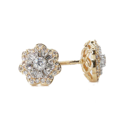 14k Solid Gold 9mm Lab Diamond Baguette Snowflake Earrings