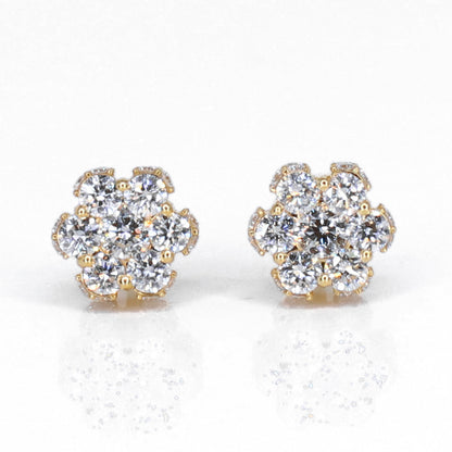 14k Solid Gold Lab Diamond 8.5mm 3D Flower Pave Earrings