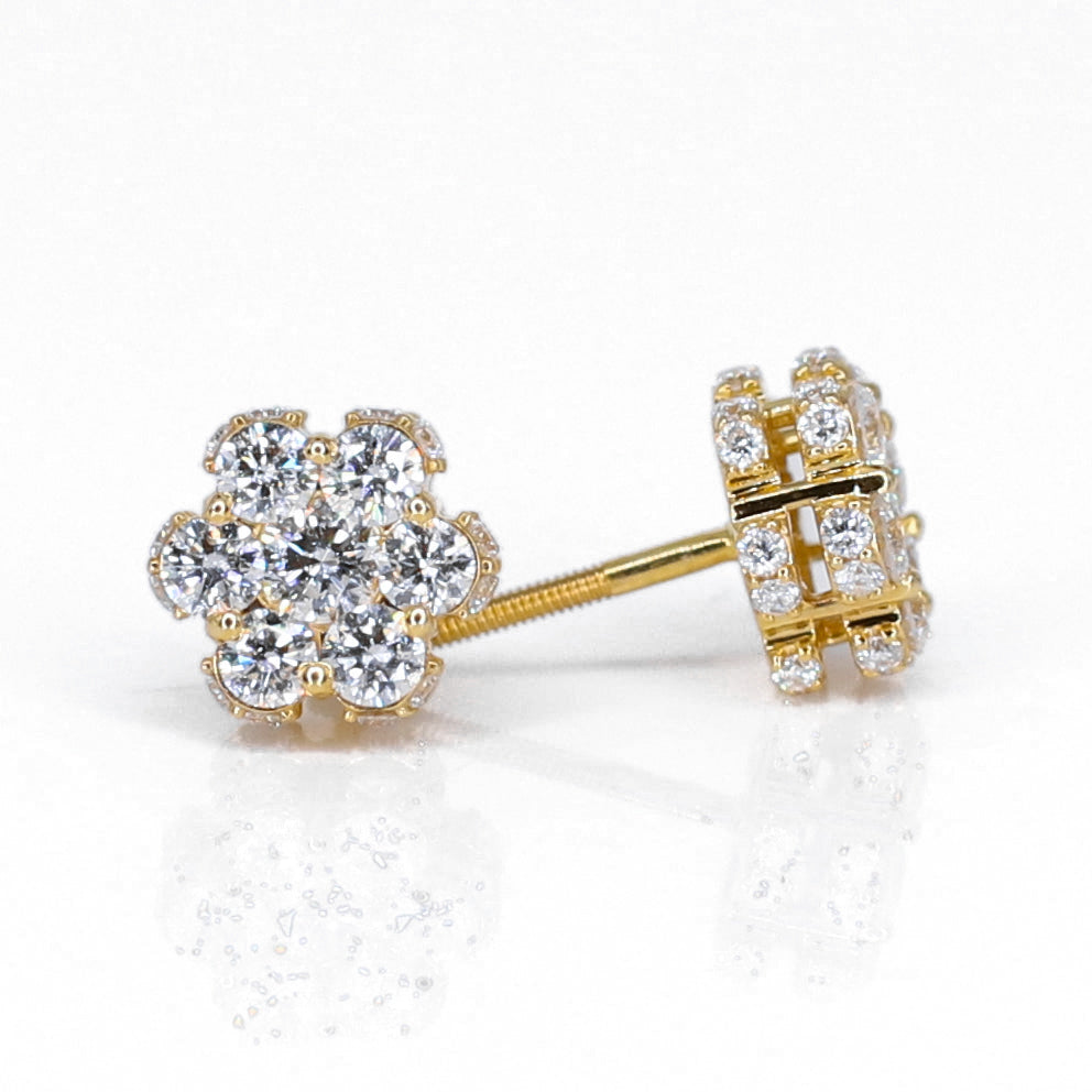 14k Solid Gold Lab Diamond 8.5mm 3D Flower Pave Earrings