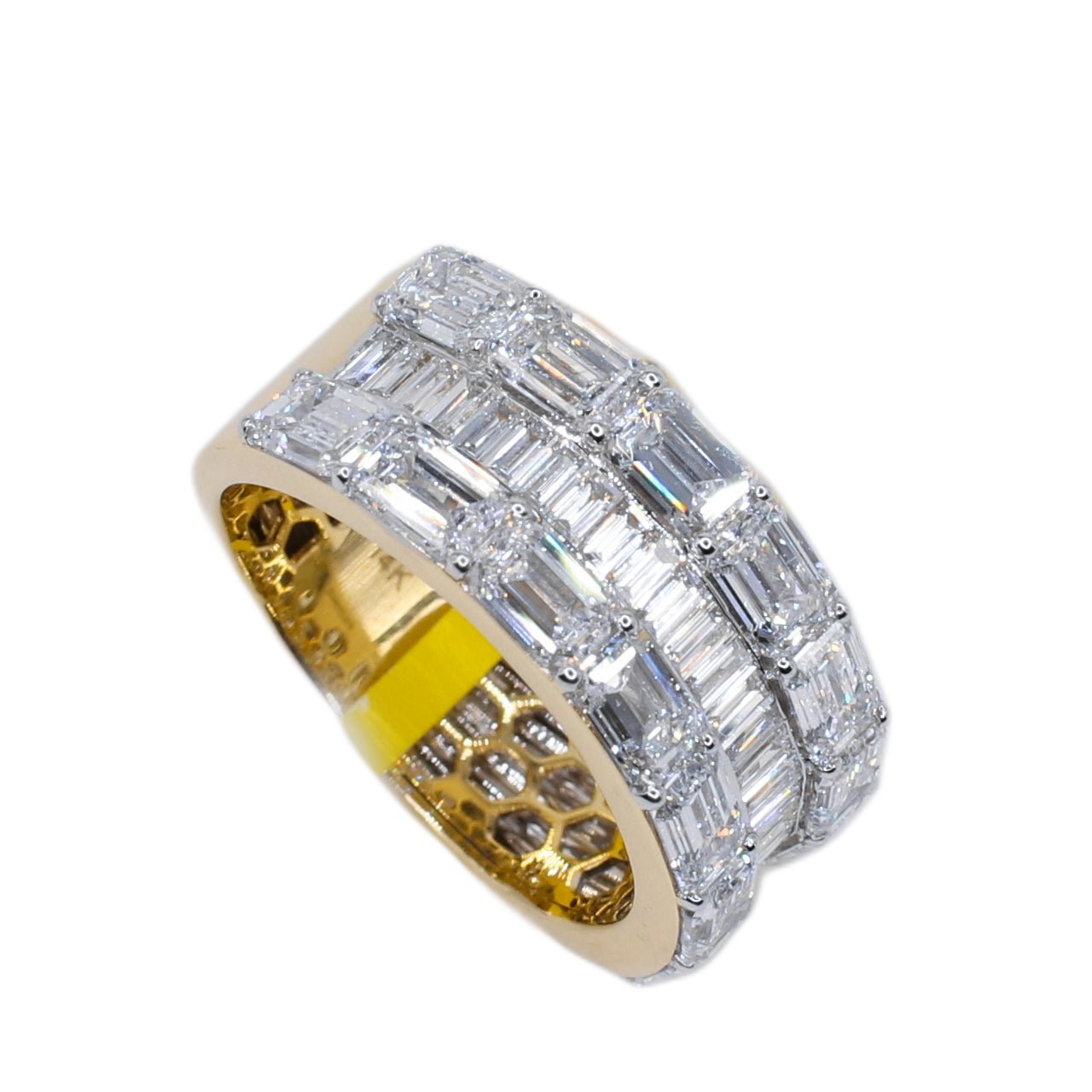 14k Solid Gold Lab Diamond Emerald Triple Row Men's Band