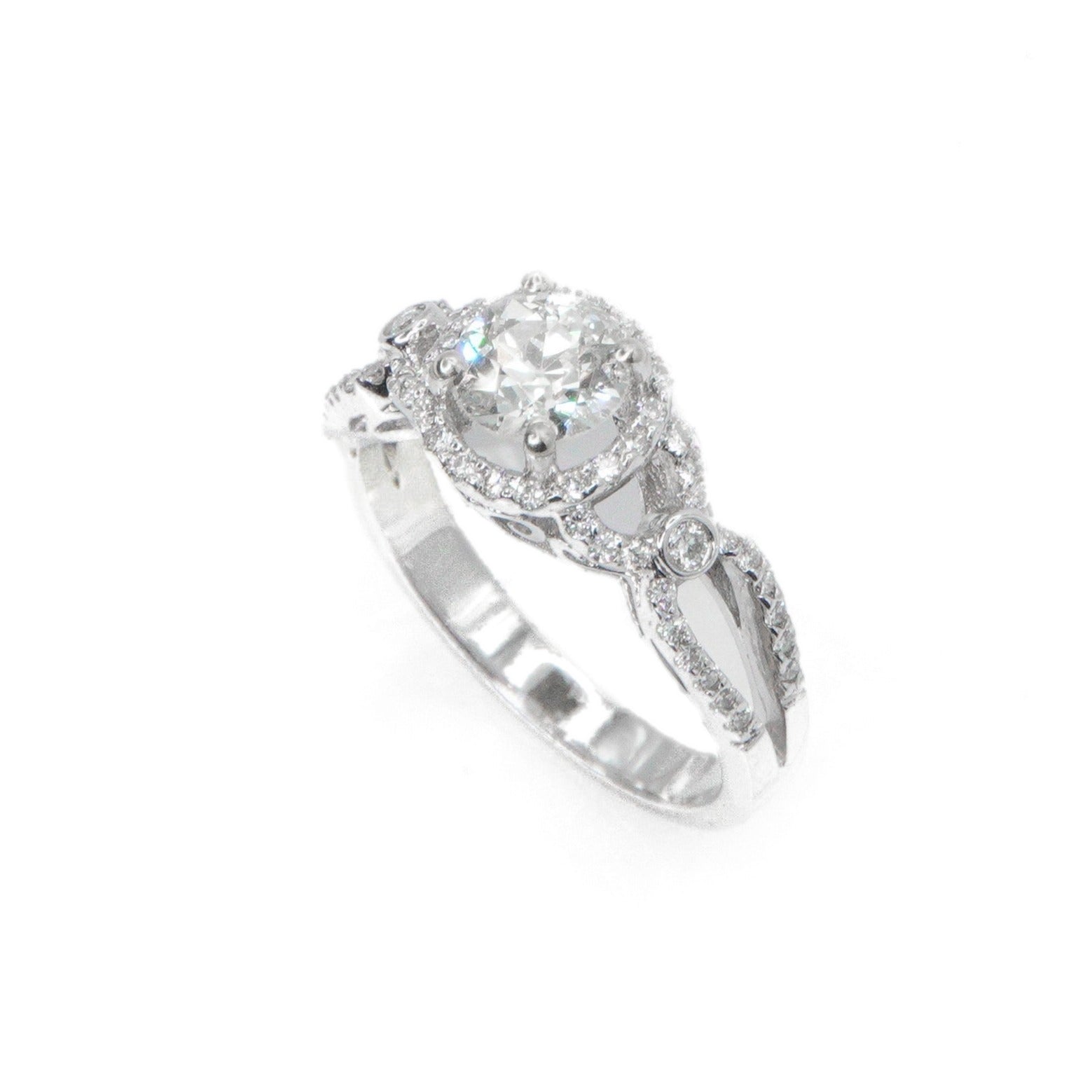 14k Solid White Gold Solitaire Lab Diamond Halo Engagement Ring