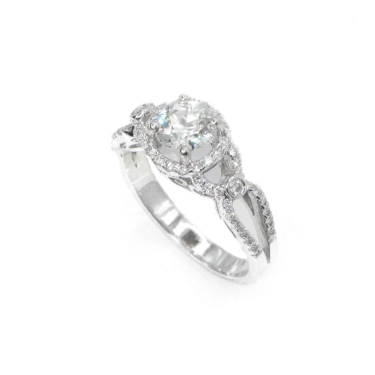 14k Solid White Gold Solitaire Lab Diamond Halo Engagement Ring