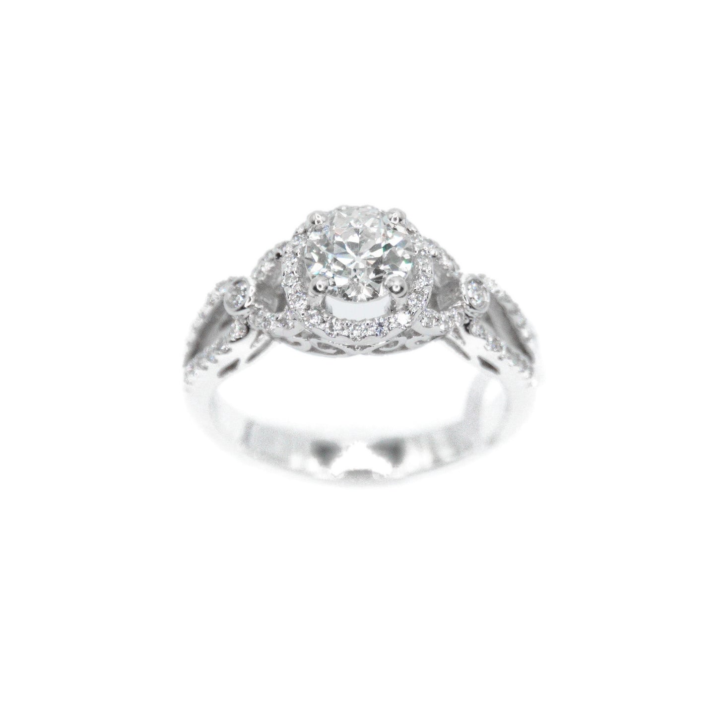 14k Solid White Gold Solitaire Lab Diamond Halo Engagement Ring