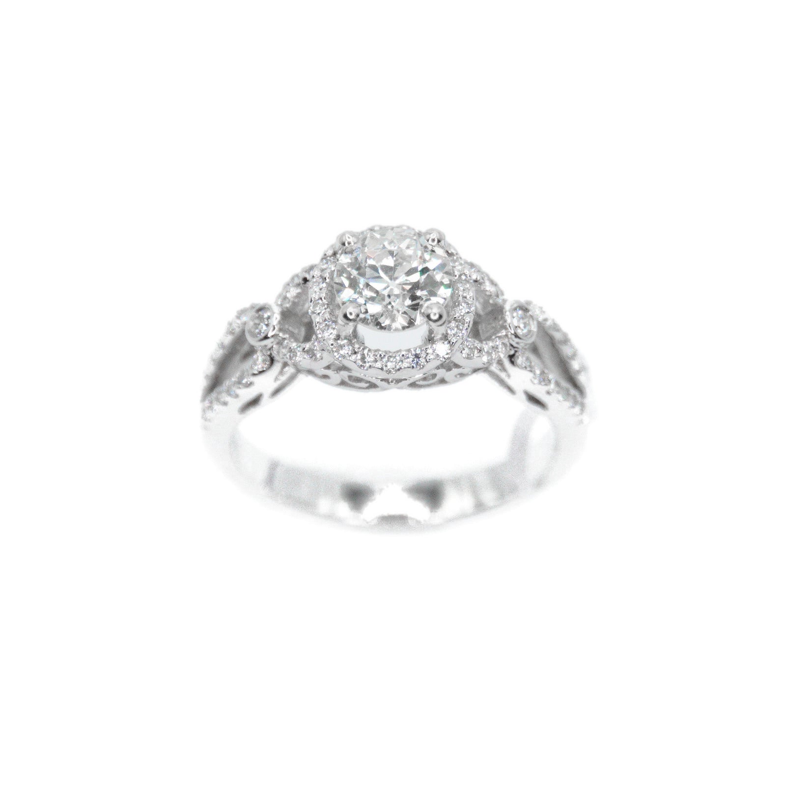 14k Solid White Gold Solitaire Lab Diamond Halo Engagement Ring