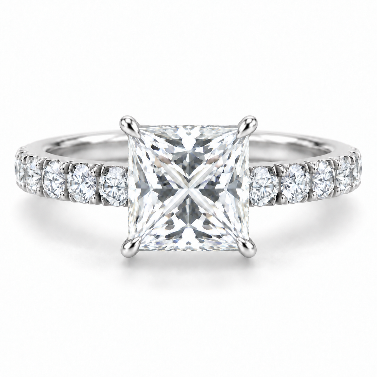 Princess Cut French Pave Engagement Ring 14k White Gold