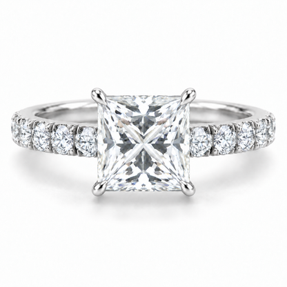 Princess Cut French Pave Engagement Ring 14k White Gold