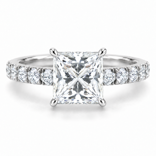 Princess Cut French Pave Engagement Ring 14k White Gold