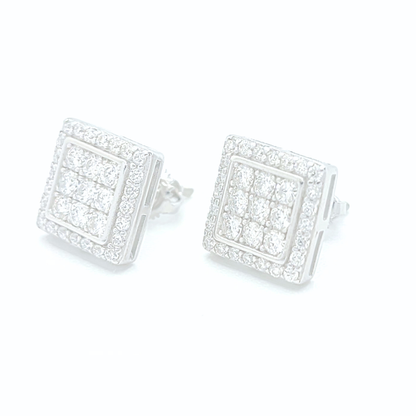 Moissanite Halo Earrings Square Pavé Studs