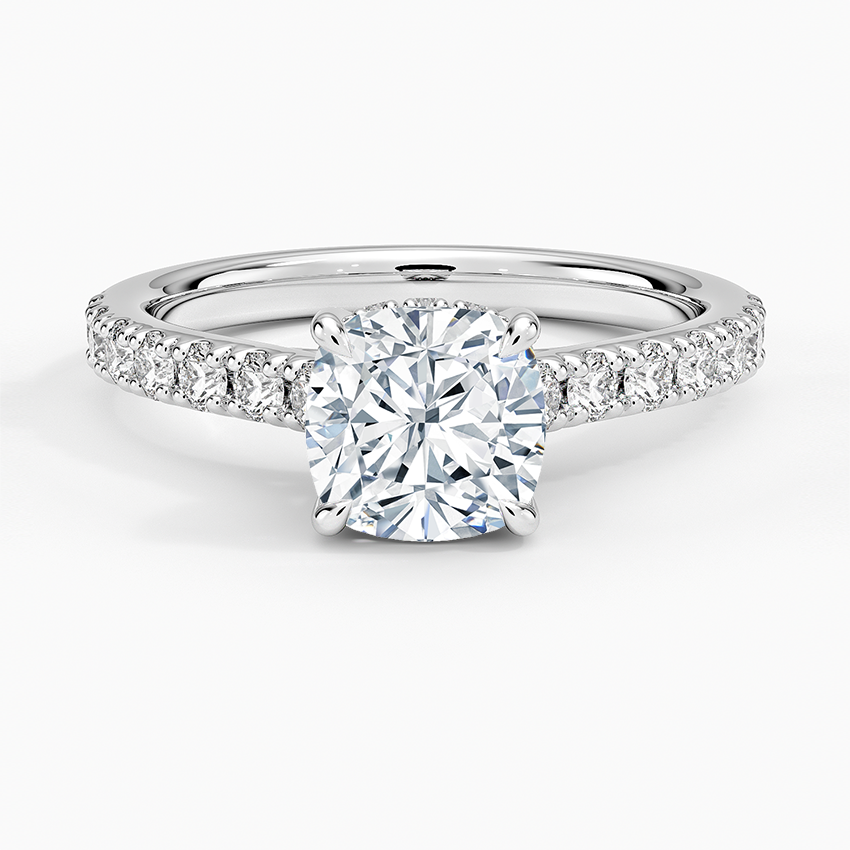 Cushion Cut Hidden Halo Engagement Ring 14k White Gold