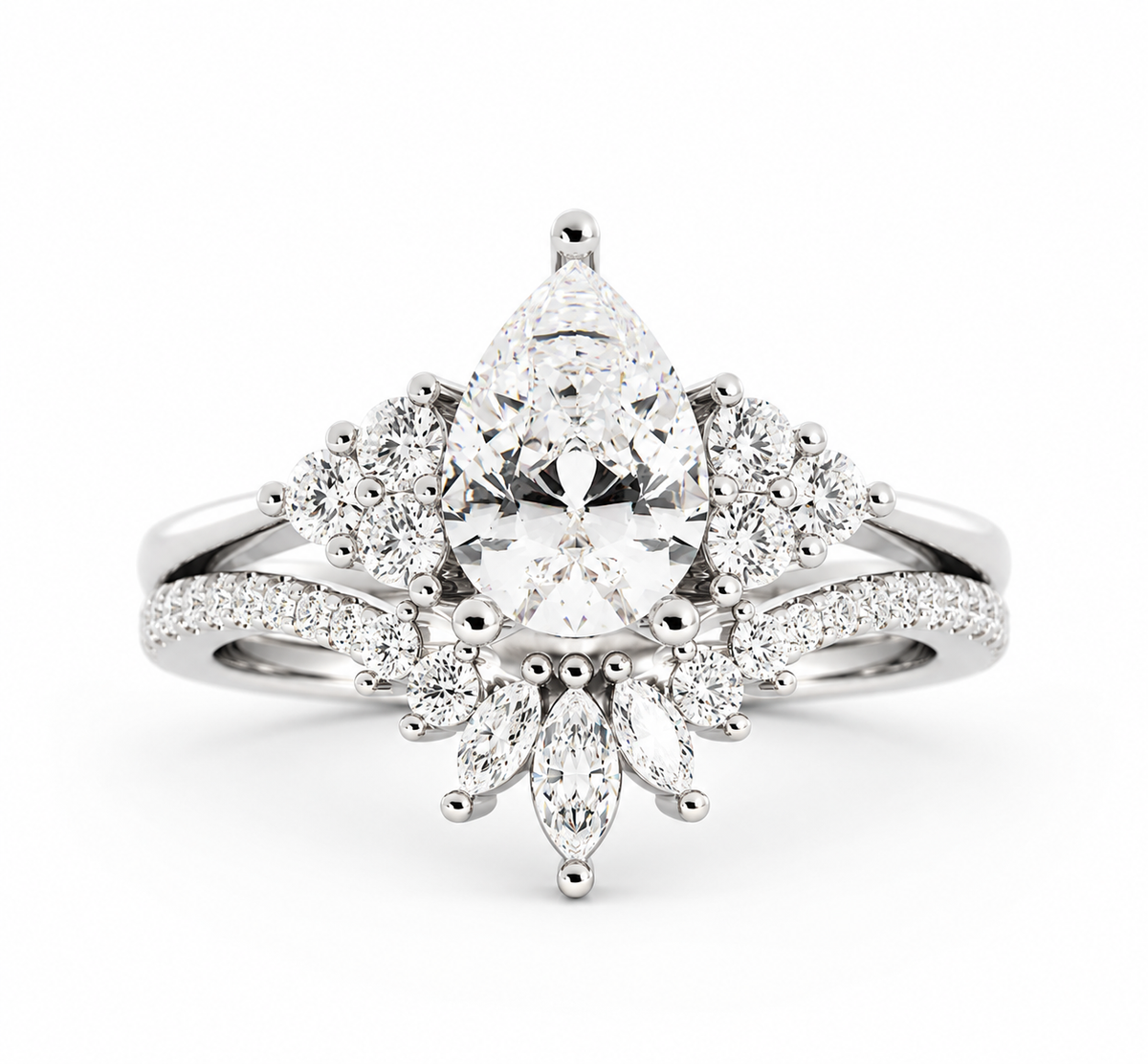 Pear Cut Diamond Crown Engagement Ring 14k White Gold