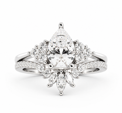 Pear Cut Diamond Crown Engagement Ring 14k White Gold