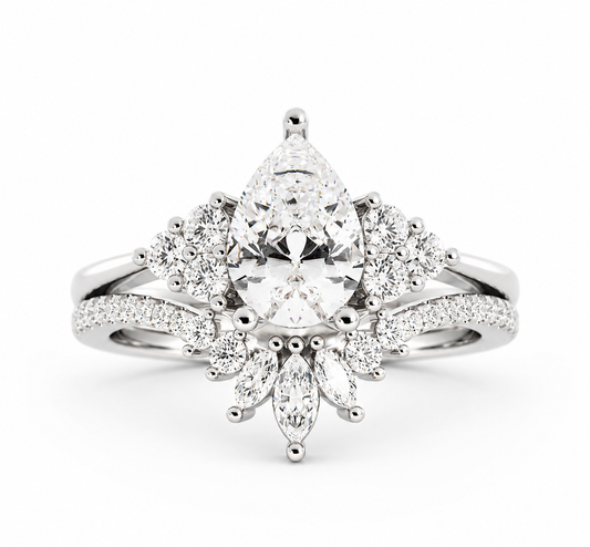 Pear Cut Diamond Crown Engagement Ring 14k White Gold