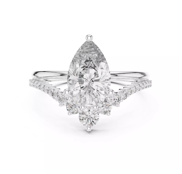 Pear Cut Diamond Tiara Engagement Ring 14k White Gold