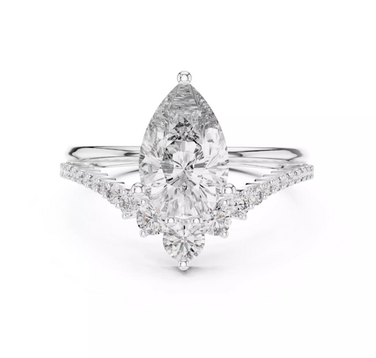 Pear Cut Diamond Tiara Engagement Ring 14k White Gold