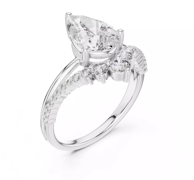 Pear Cut Diamond Tiara Engagement Ring 14k White Gold