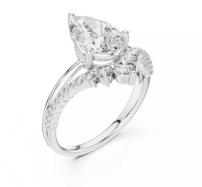 Pear Cut Diamond Tiara Engagement Ring 14k White Gold