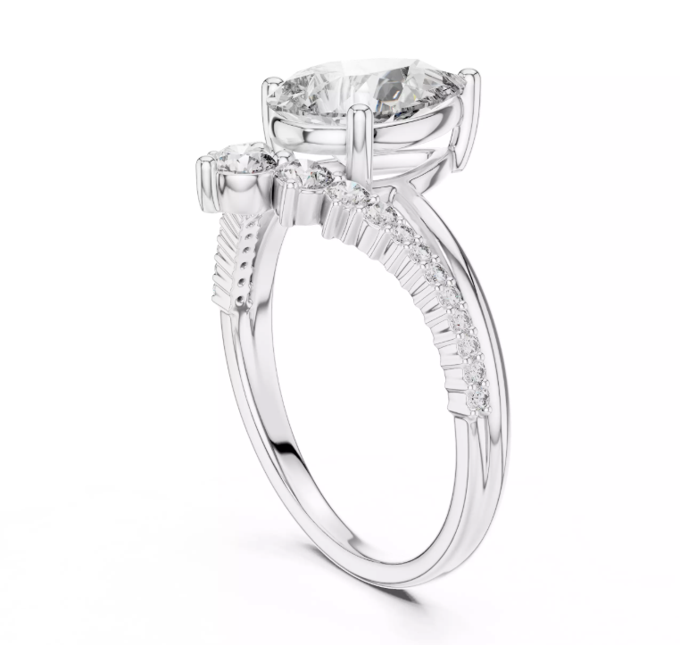 Pear Cut Diamond Tiara Engagement Ring 14k White Gold