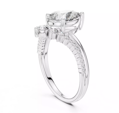 Pear Cut Diamond Tiara Engagement Ring 14k White Gold