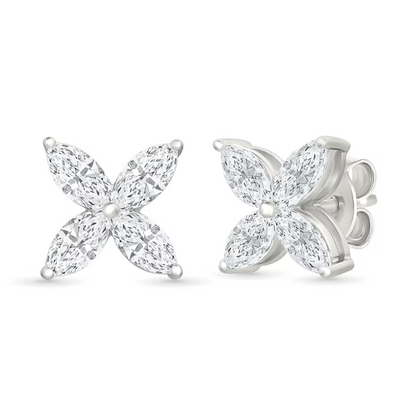Marquise Cut Diamond Floral Stud Earrings 14k White Gold